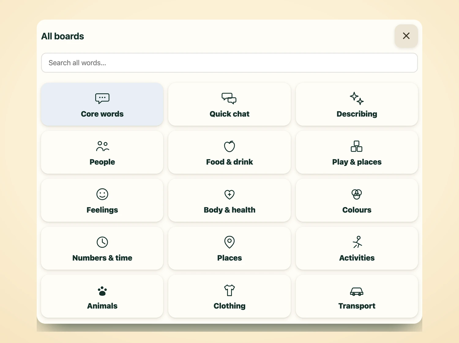 The Anan all-boards overview: Core words, Quick chat, Describing, People, Food & drink, Play & places, Feelings, Body & health, Colours, Numbers & time, Places, Activities, Animals, Clothing and Transport, each a tap away