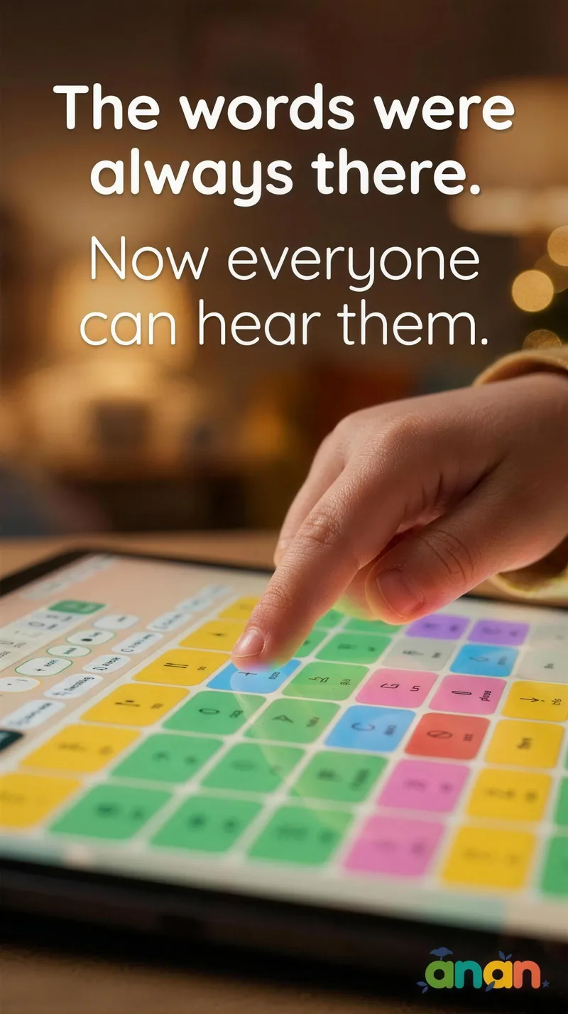 Close-up of a hand reaching to tap a colourful communication tile on a tablet, under the words “The words were always there. Now everyone can hear them.”