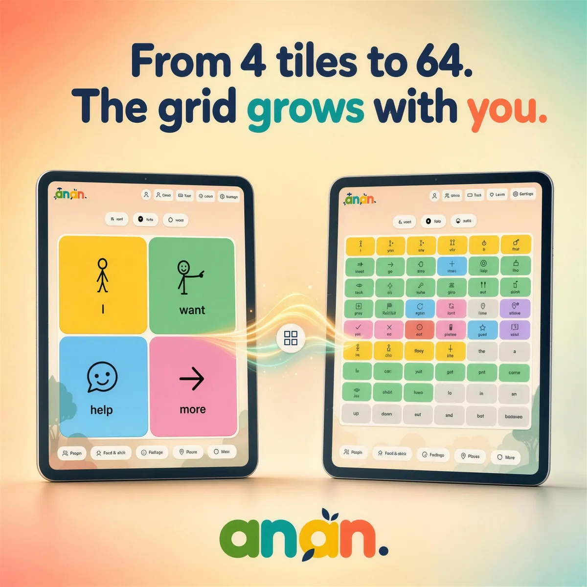 Two tablets showing the same Anan board as a 4-tile starter grid and a dense 64-tile grid